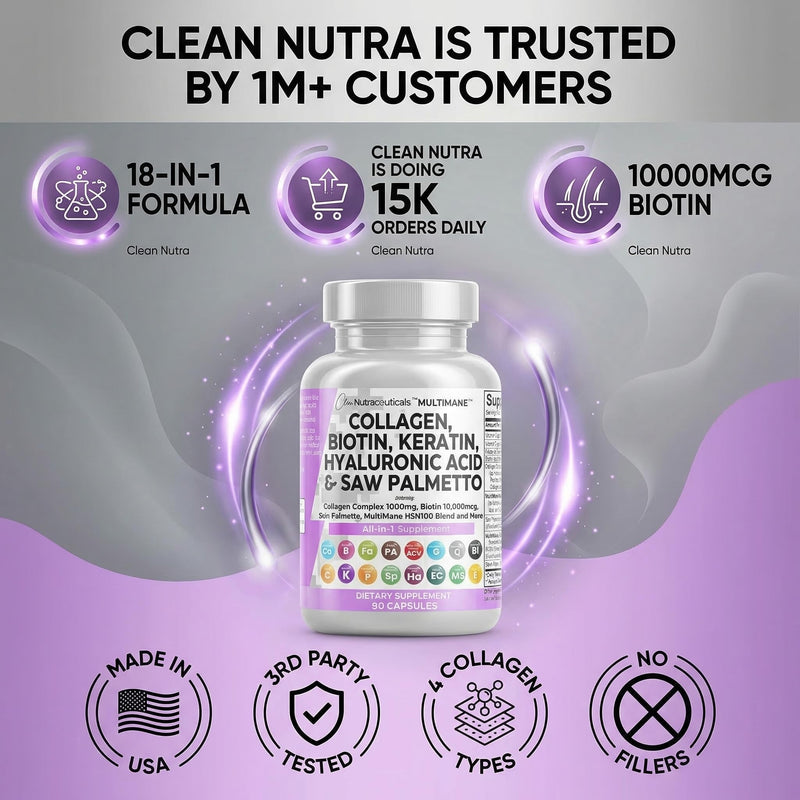 Clean Nutraceuticals Collagen Pills 1000mg Biotin 10000mcg Keratin Saw Palmetto Hyaluronic Acid - Hair Skin & Nails Vitamins & DHT Blocker with Vitamin E Folic Acid Pumpkin Seed MSM - 90 Count 90 Count (Pack of 1)