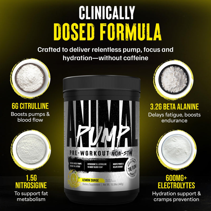Animal Pump NS Stim-Free Pre Workout Powder for Men & Women - Caffeine-Free Preworkout for Energy, Focus and Muscle Builder, Beta Alanine, Citrulline, Nitrosigine and Nootropics, Lemon Surge, 442g