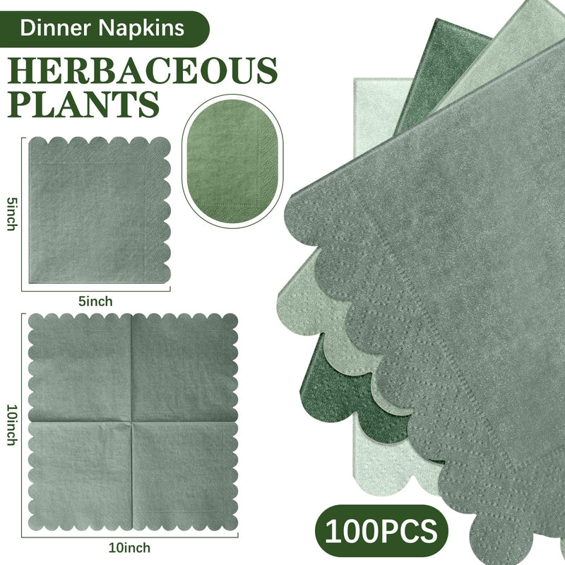 [Australia] - 100 Pack Cocktail Napkins 5 x 5 Inch Scalloped Napkins Beverage Napkins Gradient Color Paper Napkins with Scalloped Edges Thick Disposable Luncheon Napkins for Party Supplies (Sage Green) Sage Green 