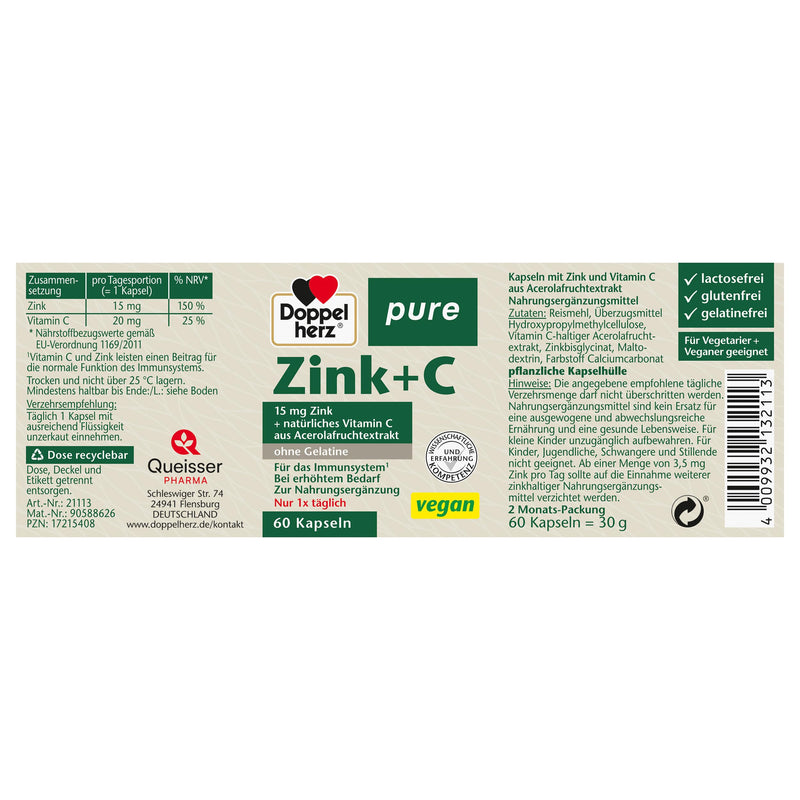 [Australia] - Doppelherz pure zinc + C - vitamin C and zinc contribute to the normal function of the immune system - 60 vegan capsules 