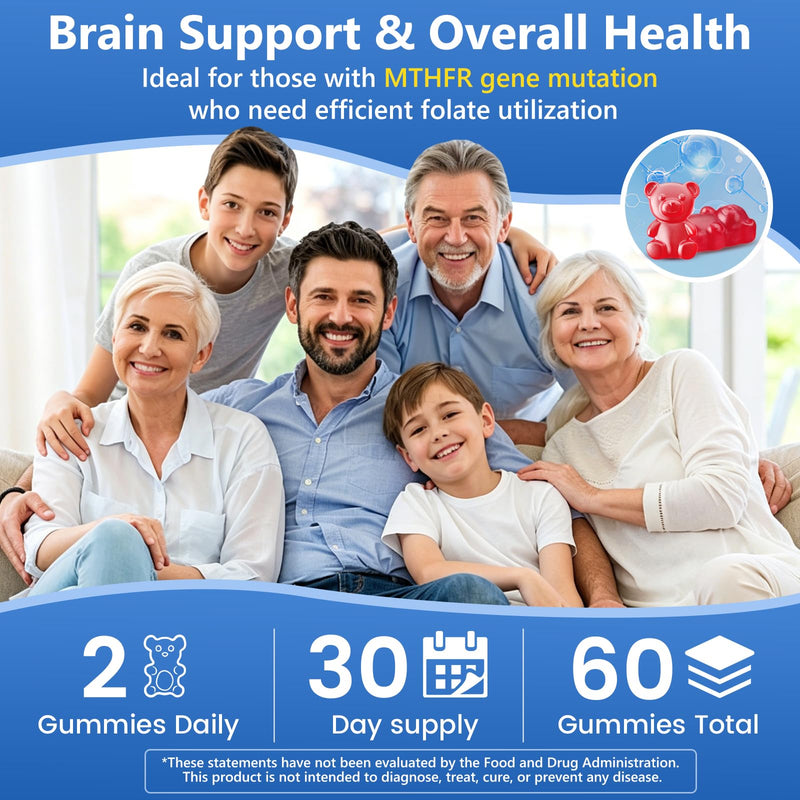 L-MethylFolate 15mg+ Methyl B12 Gummies for Kids & Adults - Active 5-MTHF with Methyl B6, B1, B2 Multivitamin, Supports MTHFR Gene, Cognition, Focus, Vegan, Raspberry Flavor, 60 Count 60 Count (Pack of 1)