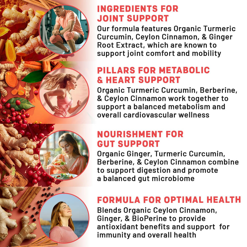 [Australia] - 5-in-1 Organic Turmeric Curcumin Supplement (4210mg) with Berberine, Ceylon Cinnamon Bioperine and Ginger Supplements for Joint, Heart, Gut, & Metabolic Support (120 ct) 120 Count (Pack of 1) 