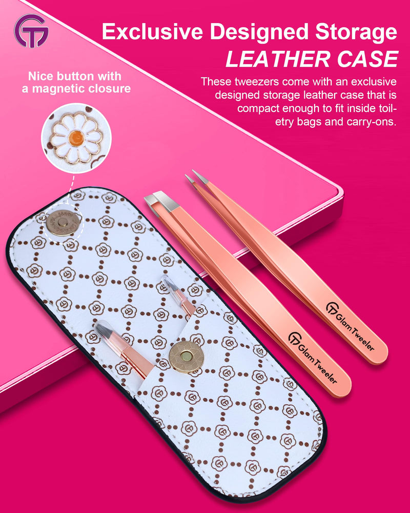 Expert Slant and Point Tip Tweezer Set with Exclusive Travel Case, GlamTweeler Sharp & Precision Tweezer Set for Eyebrows, Facial Hairs & Fine Hairs Removal (Rose Gold)