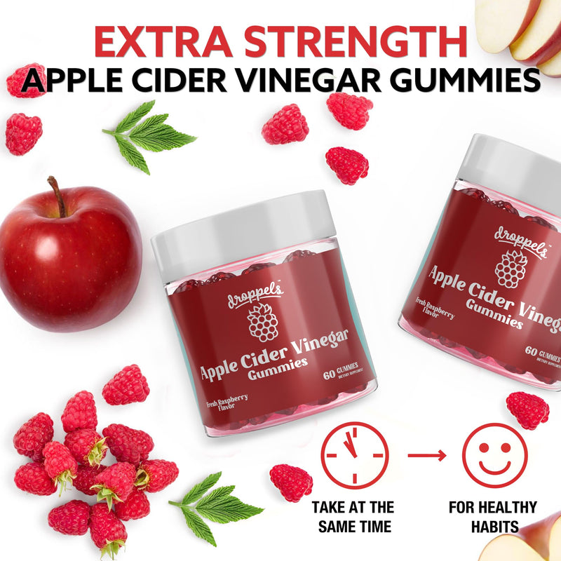 Droppels Apple Cider Vinegar Gummies 1000mg with Beet Root & Pomegranate | Non-GMO, Vegan-Friendly, Gluten Free | Supports Digestion, Metabolism, Energy & Immune Health | Raspberry Flavor 60 Count (Pack of 2)