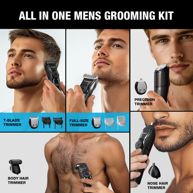 [Australia] - SUPRENT Beard Trimmers for Men - All-in-One Mens Grooming Kits with 40 Precision Dials，Waterproof Adjustable Trimmers for Hair, Beard, Face, Nose & Body, USB-C Rechargeable, 3.5H Running Time (Black) Black 