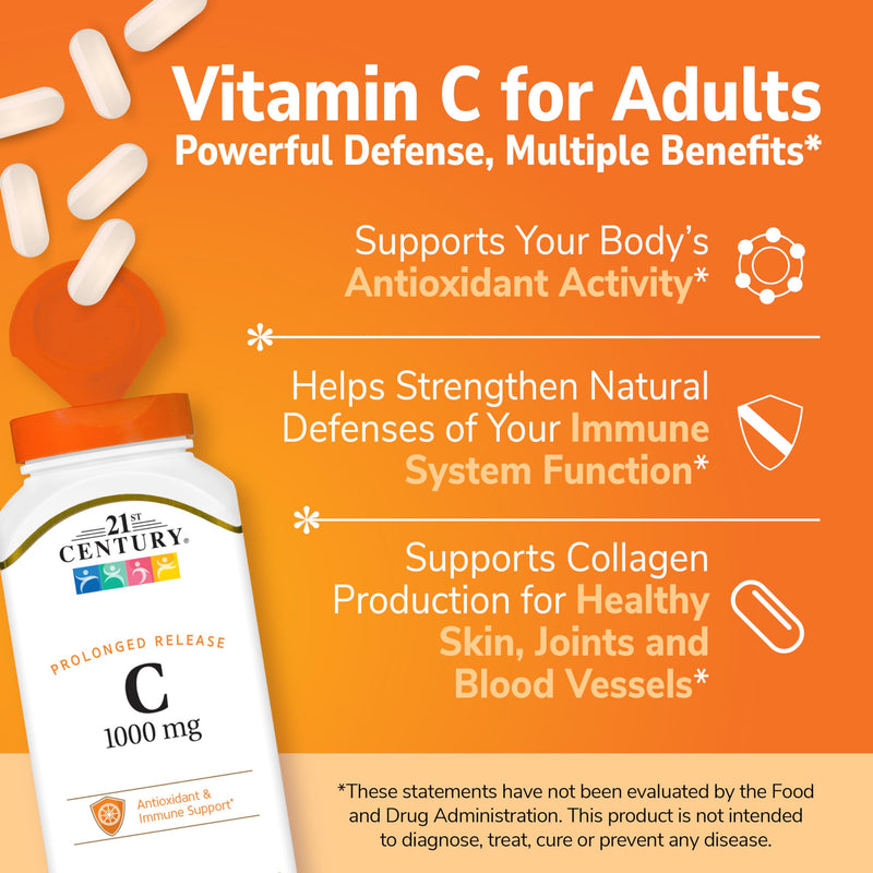 21st Century Vitamin C 1000mg Prolonged Release Tablets, Immune, 110ct | Vitamin C 1000 mg Prolonged-Release Ascorbic Acid, Immune & Antioxidant Support, Steady All-Day Release for Men & Women 110 Count (Pack of 1)