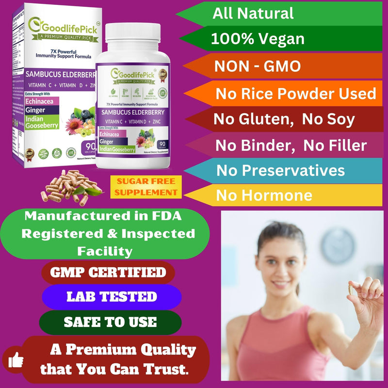 7 in 1 Elderberry with ZINC, Vitamin C, Vitamin D, Echinacea, Ginger & Indian Gooseberry (Amla).Premium Elderberry Capsules 90 ct, All Natural,Non-GMO,Vegan,No Rice Powder, No-Gluten 90 Count (Pack of 1)