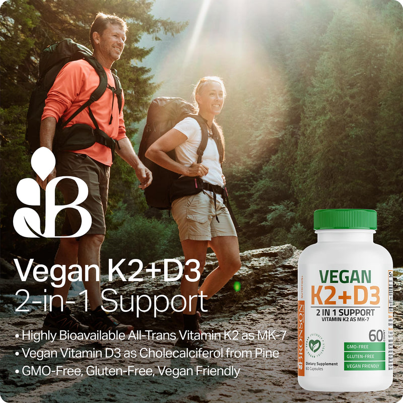 Bronson Vitamin K2+D3 Vegan 2 in 1 Support Vitamin K2 As MK-7, 120 Capsules | Vegan 2-in-1 Immune, Bone & Heart Health Support Formula, Gluten Free, Non GMO 120 Count (Pack of 1)