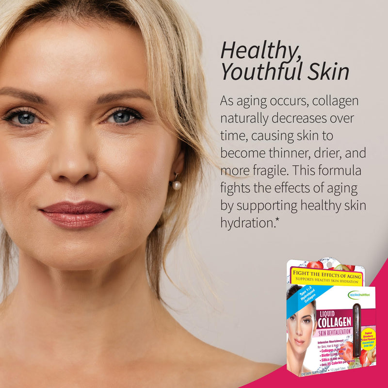 Applied Nutrition Liquid Collagen Skin Revitalization Drink (2 Pack) | Healthy-Looking Skin | 4,000 mg Collagen + Biotin + Silica | Strawberry Kiwi Flavor Collagen Drink | 2 X 10 Liquid Tubes