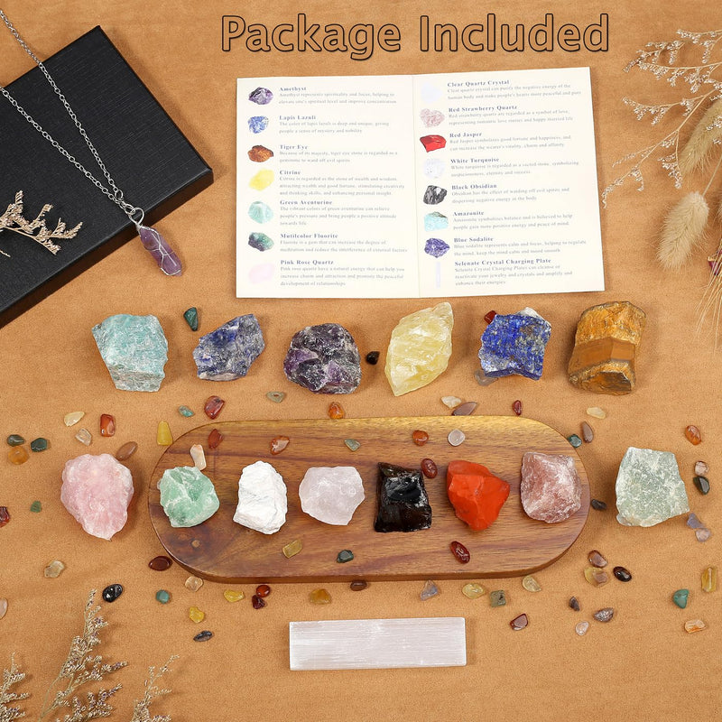 [Australia] - MAIBAOTA 17 Pcs Crystals and Healing Stones 14 Pcs Raw Healing Crystals and Chakra Stones Set Amethyst Rose Quartz Selenite Gemstones Necklace for Meditation Guide for Beginners (with Gift Box) 