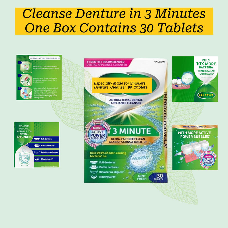 [Australia] - 3 Minute Denture Cleaner 30 Tablets in Triplemint Bundle with Dentu-Care Denture Cleaning Cup Case With Lid Basket and Draining Basket for Cleaning and Storing 