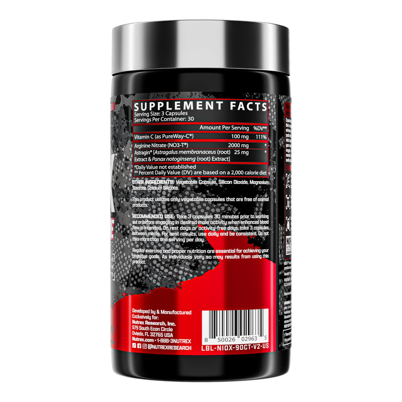 Nutrex Research NIOX Nitric Oxide Booster Pre Workout Pump Supplement with Arginine Nitrate Vitamin C Astragin for Muscle Pump Vascularity Endurance Support 90 Count 90 Capsules