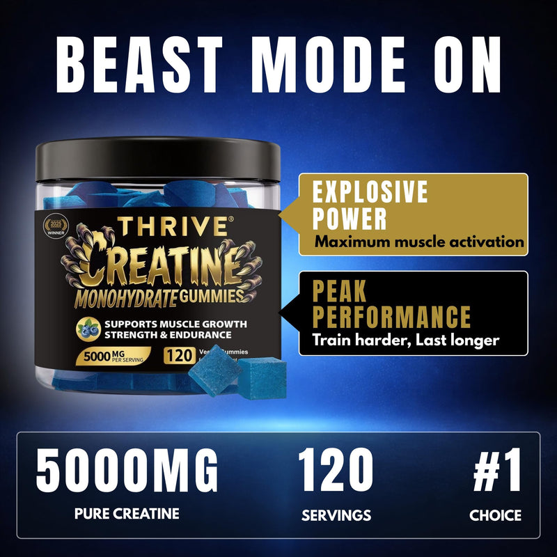 Creatine Monohydrate Gummies 5000mg | 120 High Potency Vegan Gummies (30 Day Supply) | Supports Muscle Growth, Strength & Endurance with L-Taurine, Betaine Anhydrous & Alpha GPC | for Men & Women Creatine Monohydrate