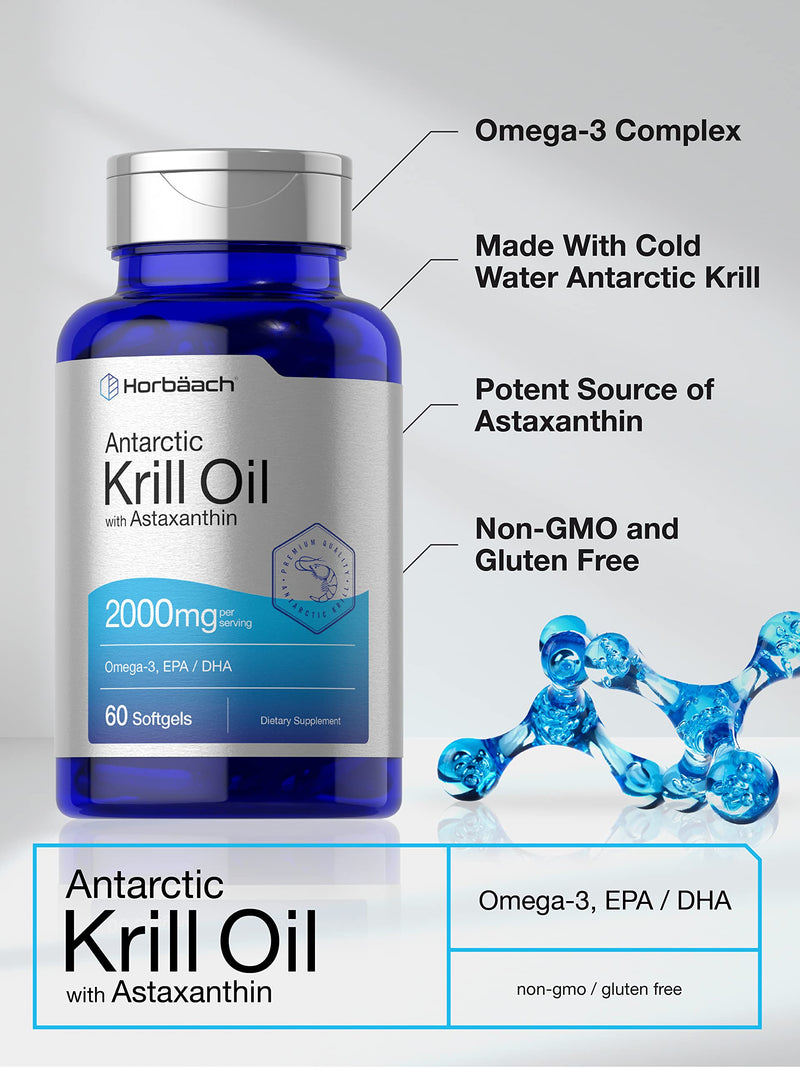 Horbäach Antarctic Krill Oil 2000mg | 60 Softgel Capsules | Omega-3, EPA, DHA Supplement | with Astaxanthin | Non-GMO, Gluten Free