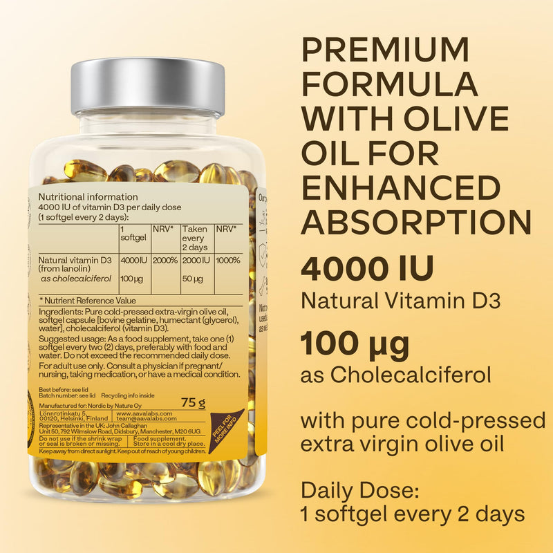 Vitamin D3 4000 IU - with Extra Virgin Olive Oil for Optimum Absorption - High Strength Vitamin D Supplement Contributes to Bone, Muscle and Immune Function - 365 Vitamin D Capsules