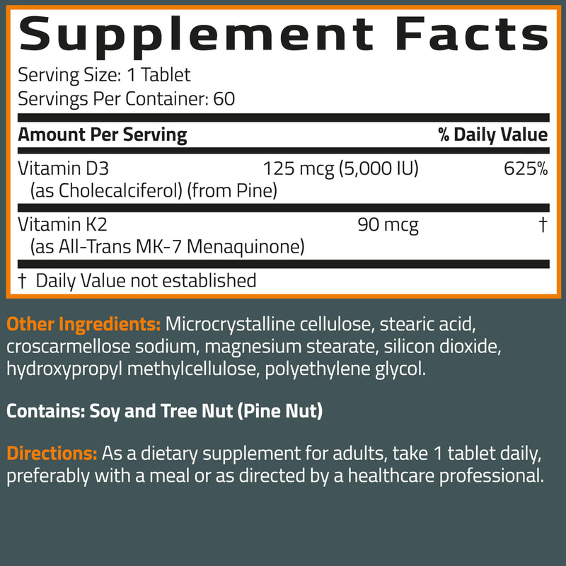 Bronson Vitamin K2+D3 2 in 1 Support Vitamin K2 as MK-7, 60 Tablets | Vegan 2-in-1 Bone & Heart Health Support Formula, Gluten Free, Non GMO 60 Count (Pack of 1)