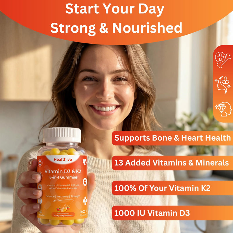 Vitamin D3 K2 Gummies 1000IU, 60 Vegan Gummies, Sugar Free | Vitamin D Gummies Adults, High Strength Vitamin D and K2, Mango Flavour, 13 Added Vitamins and Minerals, 1 Month Supply