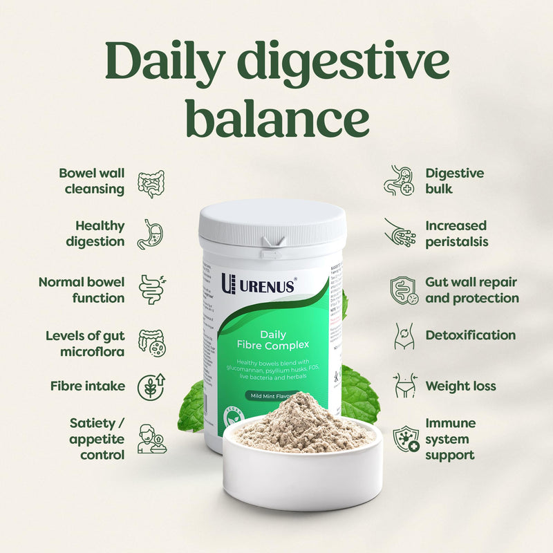 Daily Fibre Complex 180 g – High Fibre Powder with Psyllium Husk, Glucomannan (Konjac), Sugar Beet Fibre, Inulin (FOS), Herbal Botanicals & Live Bacteria – Mild Mint Flavour – Vegan
