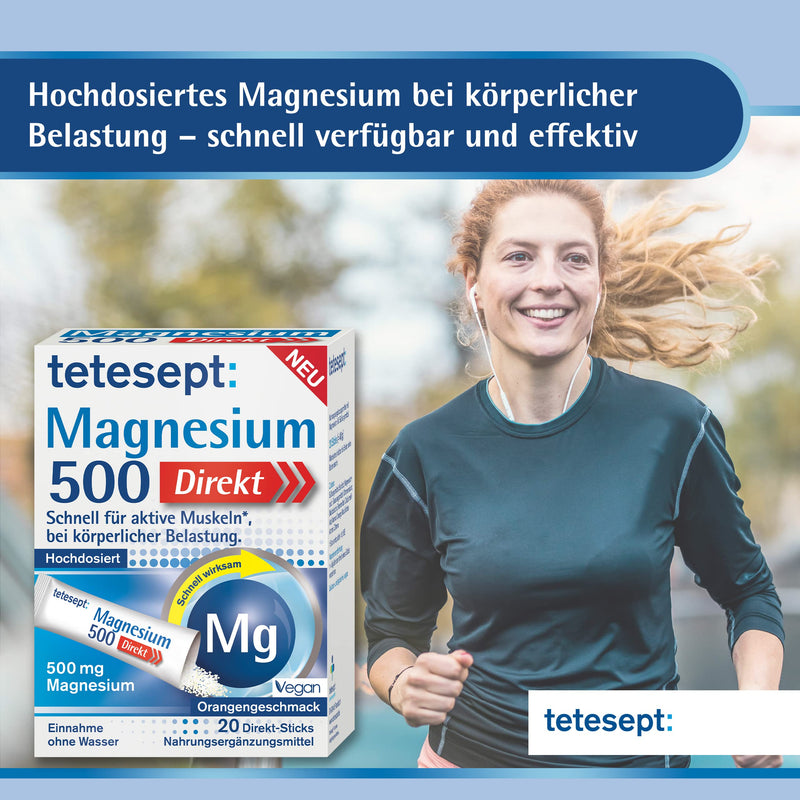 [Australia] - tetesept Magnesium 500 Direct - dietary supplement with magnesium powder to be taken without water - quick for active muscles - 1 x 20 direct sticks 2 g (pack of 20) 