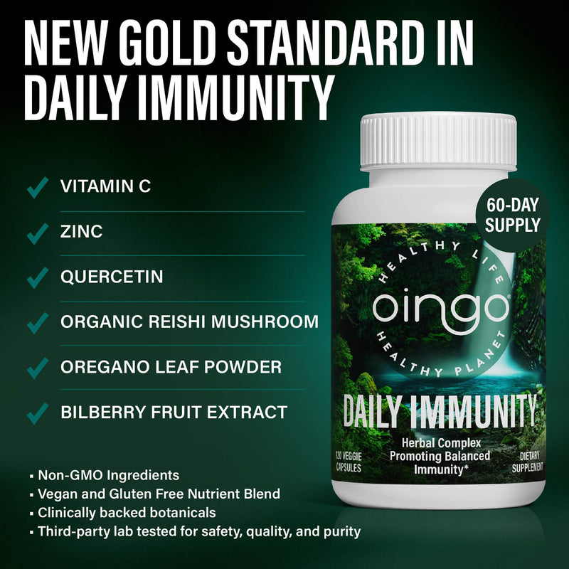 Daily Immunity Supplement — Immune Support Supplement with Vitamin C, Zinc Chelate, Quercetin, Bilberry Extract, Oregano Leaf, Organic Reishi Mushroom Extract, Vegan Gluten Free, 120 Capsules