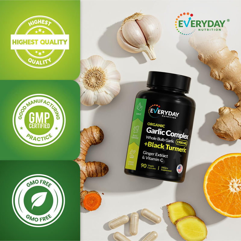[Australia] - 4-in-1 Organic Odorless Garlic with Black Turmeric Supplements, 1900 mg Organic Whole Bulb Garlic, Turmeric, Ginger Extract & Vitamin C (90 ct) 