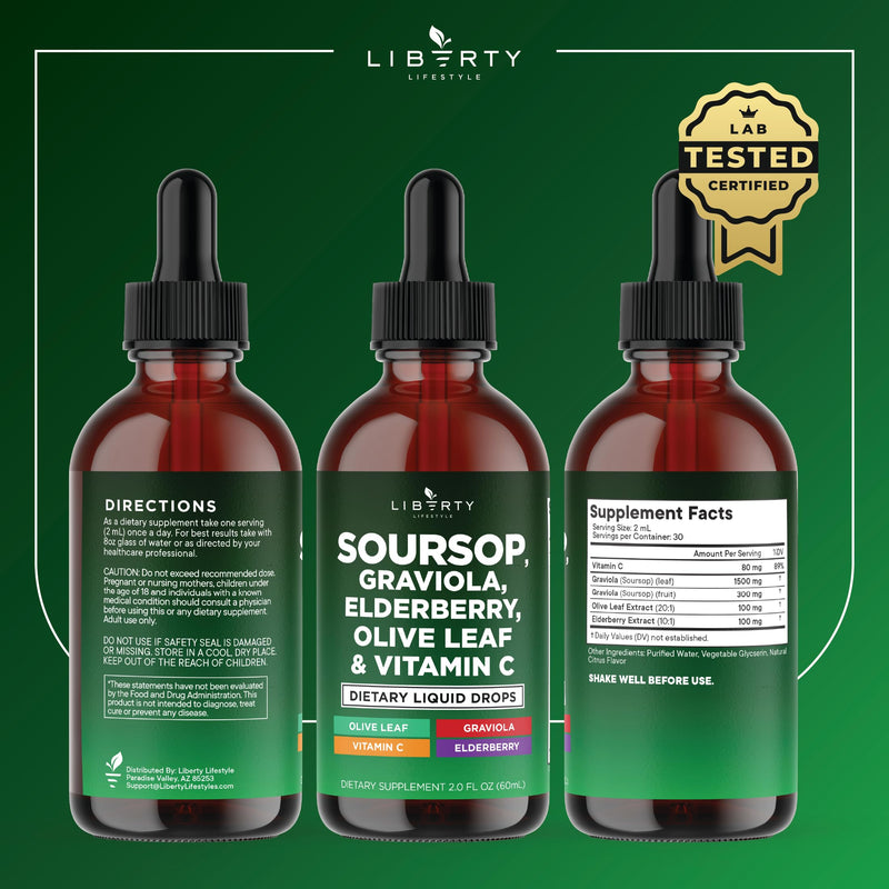 Liberty Lifestyle Soursop Liquid with Soursop Fruit and Leaves, Elderberry, Vitamin C and Olive Leaf - Multimineral & Vitamins Superfood - 8 oz 8 Fl Oz (Pack of 1)