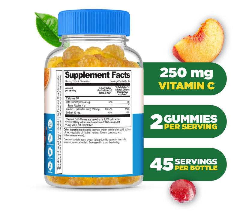 Lifeable Sugar Free Vitamin C – 250 mg – Great Tasting Natural Flavor Gummy Supplement – Vegetarian GMO-Free Chewable Vitamins – for Immune Support – for Adults – 90 Gummies 90 Count (Pack of 1)