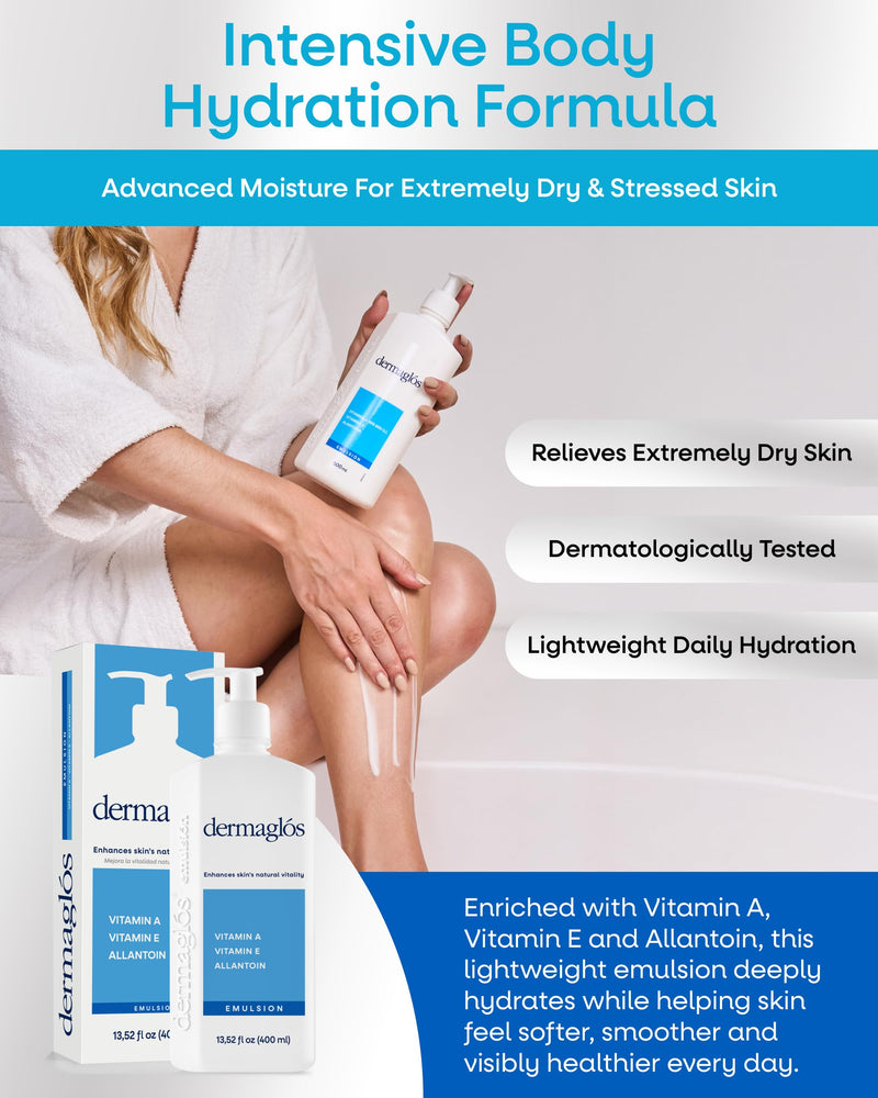 Dermaglós Moisturizing Body Lotion for Dry Skin with Extra, 13.52 Fl Oz | Vitamin E & Allantoin, Regenerating Lightweight Moisturizer for Stretch Marks, Tattoos Aftercare, Scars & Wrinkles 13.52 Ounce (Pack of 1)