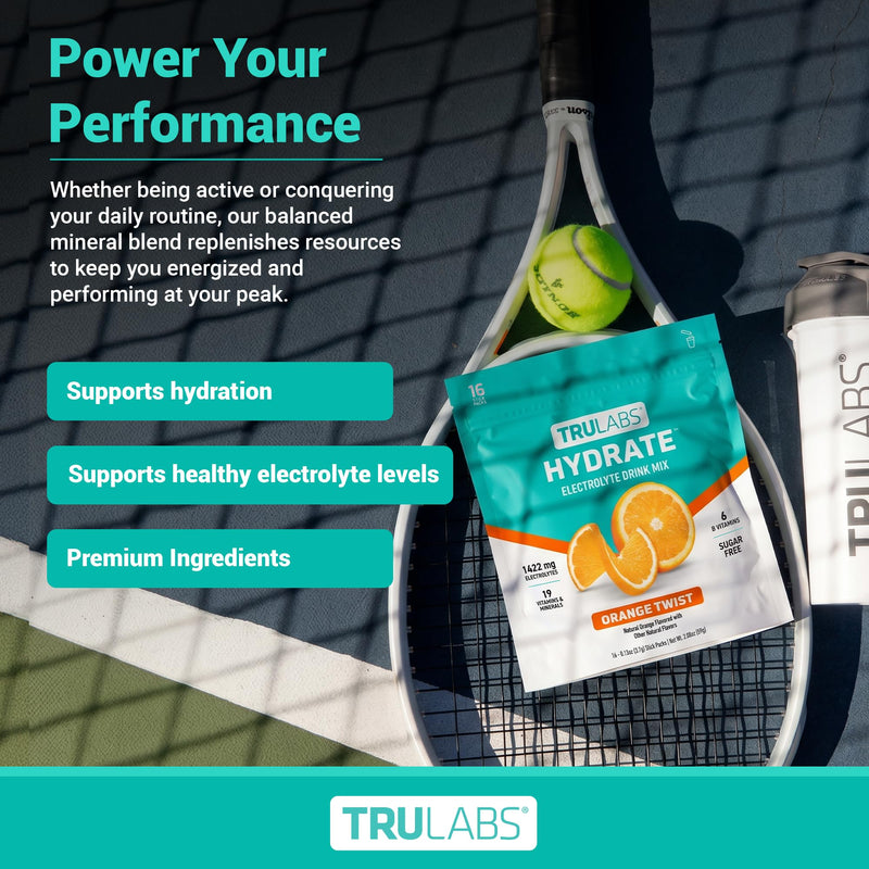 TRULABS Hydrate Electrolyte Drink Mix – Orange Twist Flavor, Sugar-Free Hydration Packets with 1422 mg Electrolytes & 19 Vitamins & Minerals, Monk Fruit Sweetened, On-the-Go Sticks (16 Count)