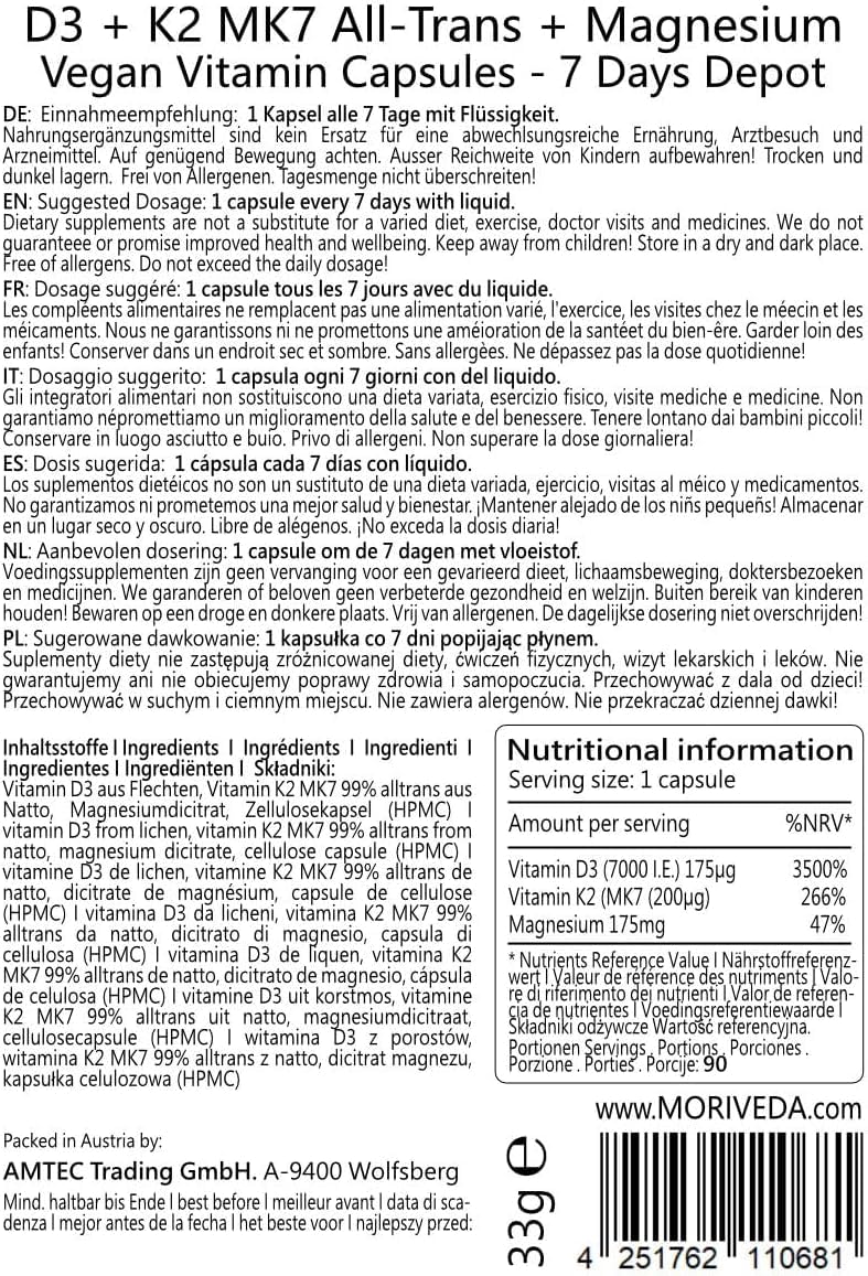 [Australia] - Vegan vitamin D3 + K2 + magnesium capsules - up to 90 weeks depot - 7000 IU D3 + 200 mcg K2 MK7-90 capsules from MoriVeda 