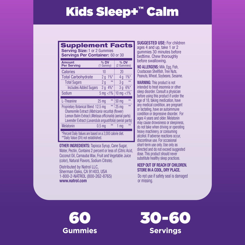 Natrol Kids Sleep+ Calm, Melatonin and L-Theanine, Supplement for Restful Sleep and Calming, Sleep Gummies for Kids, 60 Strawberry-Flavored Melatonin Gummies, 60 Day Supply 60 Count (Pack of 1)