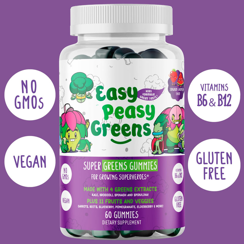 EasyPeasyGreens Daily Veggie Gummies for Kids - 60 Greens Gummies - Helps Picky Eaters Get Their Veggies in - Made with 10 Real Vegetable Extracts and 100% Vegan Berry