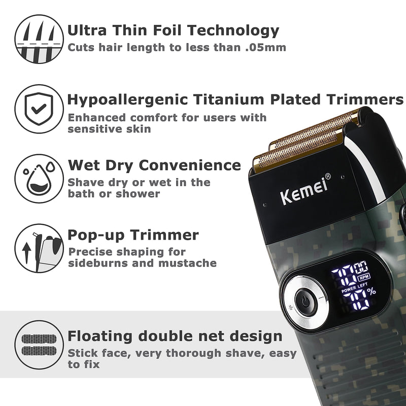 Kemei Foil Professional Electric Shaver for Men Razor with Bald Trimmer Cordless Shavers Rechargeble LED Display 2 in 1 Camouflage
