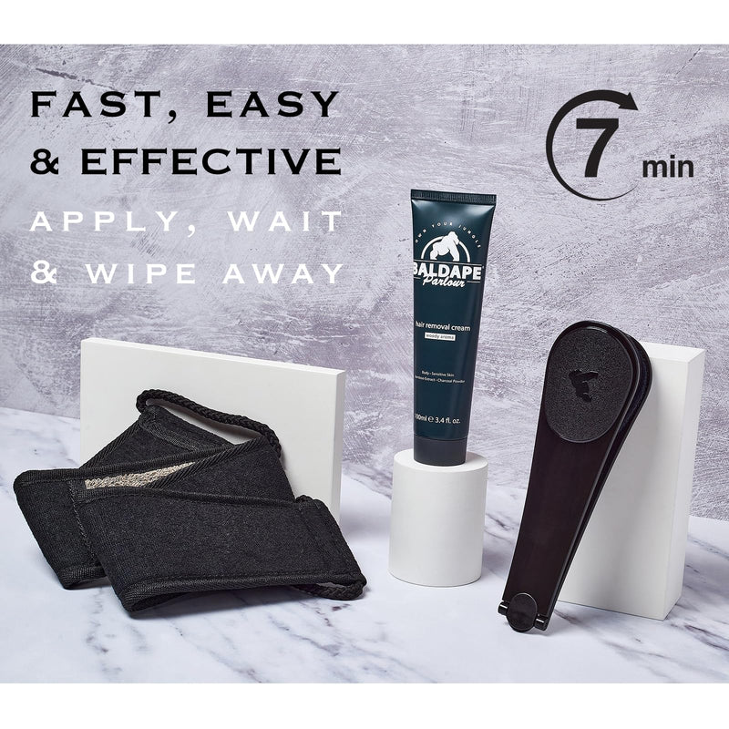 [Australia] - BALDAPE PARLOUR Body & Back Hair Removal Kit with Men's Depilatory Cream, Extendable Applicator & Loofah for Smooth, Hair-Free Results 