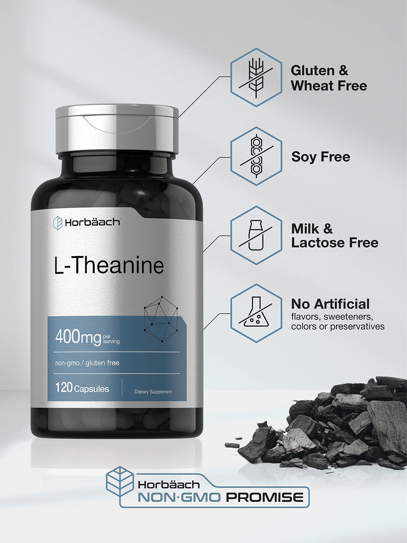 Horbäach L-Theanine Supplement | 400mg | 120 Powder Capsules | Non-GMO & Gluten Free 120 Count (Pack of 1)