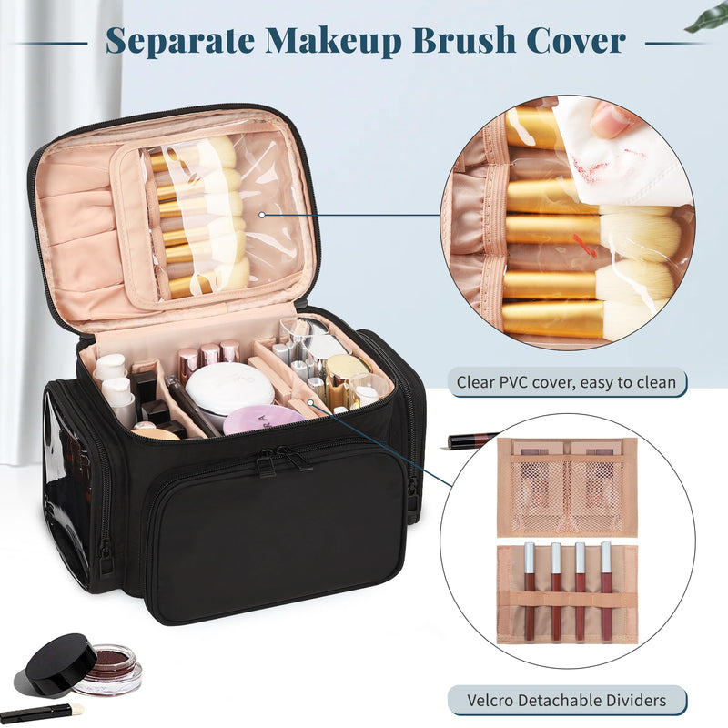 Bagmoly Makeup Bag, Portable Large Travel Makeup Bag Organizer for Women Girls with Makeup Brush Compartment, Cosmetic Travel Bag Vertical Storage Toiletry Bag - Black with Shoulder Strap 03-Black with Shoulder Strap