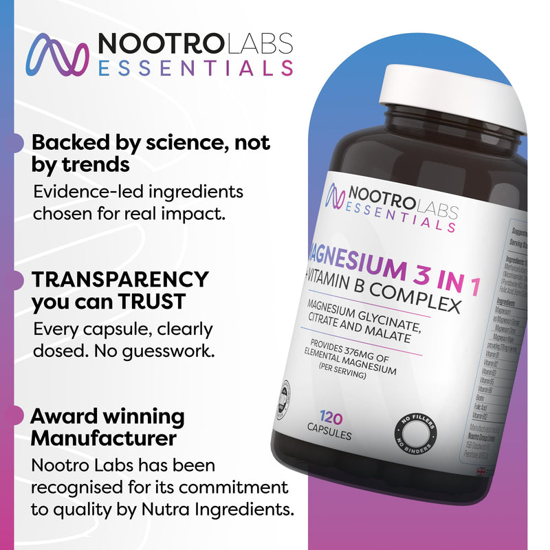 Nootro Essentials Magnesium 3-in-1 Capsules, High Strength Magnesium Supplements with Glycinate, Malate and Citrate for Sleep, Muscle & Digestive Support (60 Servings - 2 Month Supply) 120 count (Pack of 1)