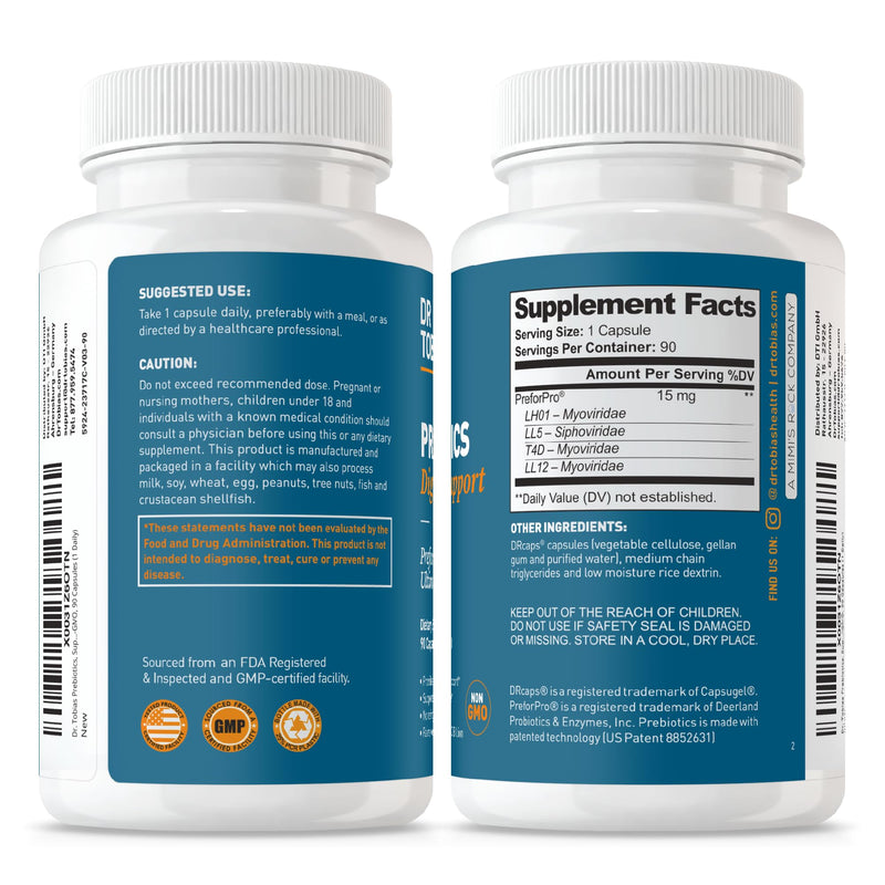 Dr. Tobias Prebiotics Digestive Support, Advanced Prebiotic Supplement for Gut Health, Immune Function & Boost for Probiotics for Women & Men, Vegan, Non-GMO, 90 Capsules, 90 Servings 90 Count (Pack of 1)