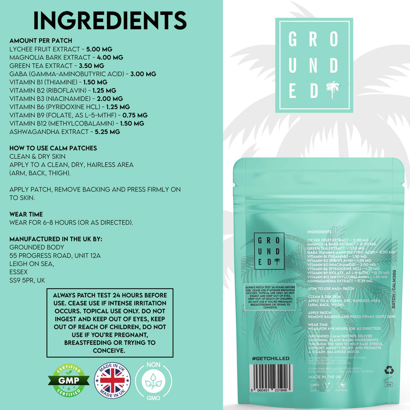 Grounded Calm Travel Patches | 11 Premium Ingredients | Relax, Unwind, De-Stress | Perfect for Flying | Plant Based Calming Formula | x30 Vegan Friendly Patches | UK Made