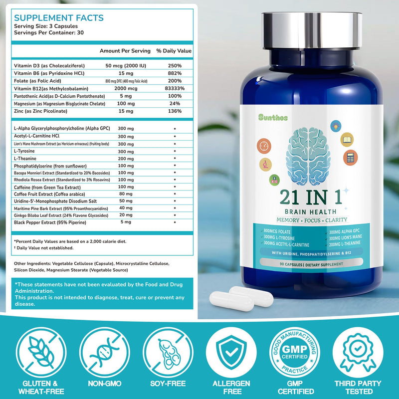 Brain Supplements for Memory and Focus, 21-in-1 Brain Supplement for Mental Alertness, Cognitive with 300mg Alpha-GPC, 300mg Lion’s Mane, L-Theanine, Phosphatidylserine, Vitamins B6 B12, 90 Capsules 90 Count (Pack of 1) Blue