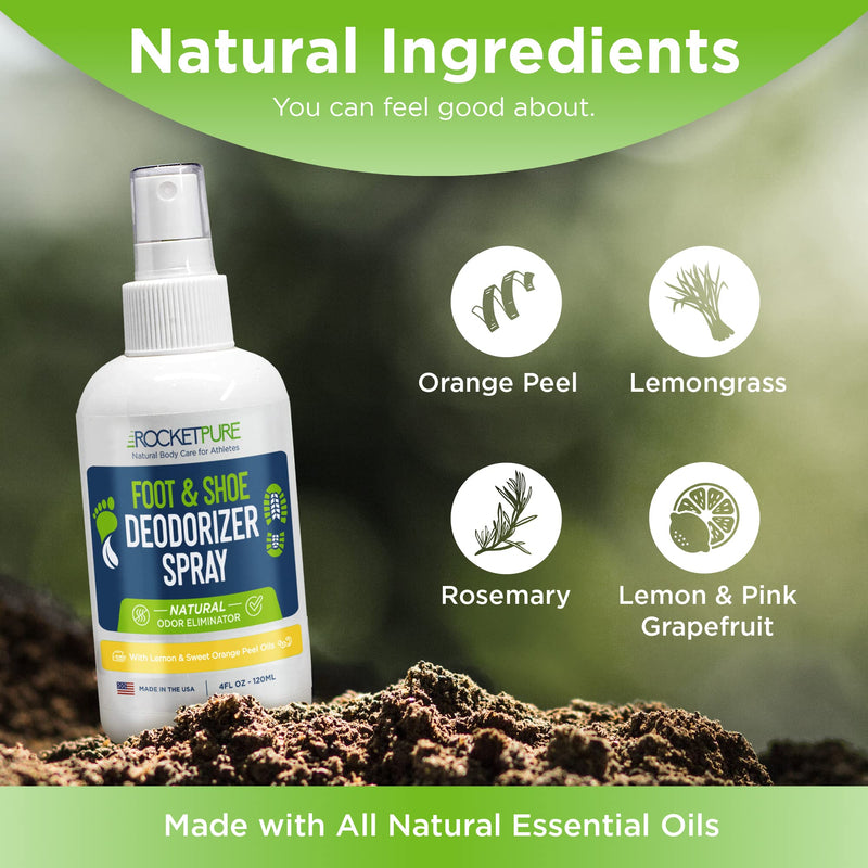 Rocket Pure Natural Foot and Shoe Deodorizer Spray, Deodorant and Odor Eliminator for Smelly Feet, Smell Remover, Formulated with Essential Oils, Made in the USA, Lemon, 4 fl oz