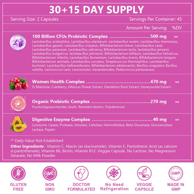[Australia] - NATURE TARGET Probiotics for Women, 100 Billion CFUs Probiotic with Digestive Enzymes & Prebiotics, Vaginal Probiotics with Cranberry for Urinary Tract Health, pH Balance, 90 Veggie Capsules 