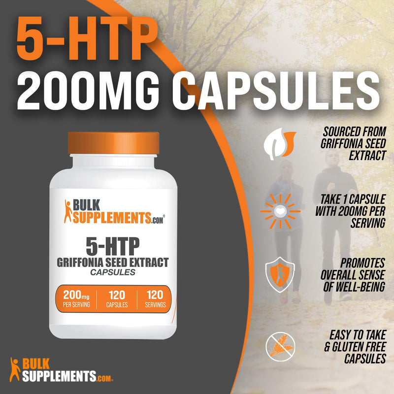 BulkSupplements.com 5-HTP Capsules - 5-Hydroxytryptophan, 5-HTP 200mg, 5 HTP Supplement - Amino Acid Supplement, Gluten Free, 1 Capsule per Serving, 120 Capsules (Pack of 1) 120 Count (Pack of 1)