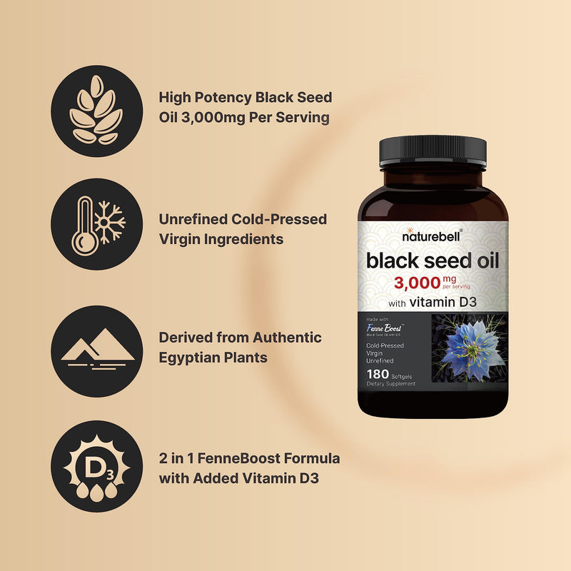 NatureBell Cold Pressed Black Seed Oil 3,000mg Per Serving with Vitamin D3 2,000IU, 180 Softgels | Egyptian Nigella Sativa, Odorless Black Cumin Seed, Virgin Liquid Oil Capsules – Non-GMO