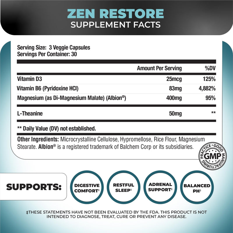 Nutrology Zen Restore – 400mg Magnesium Malate, Vitamin D3 & L-Theanine, Supports Sleep, Muscle Recovery & Adrenal Wellness, Magnesium Supplement for Men and Women, 30 Servings | Magnesium Supplement, 400mg Magnesium Malate, L-Theanine, Relaxation Supp...