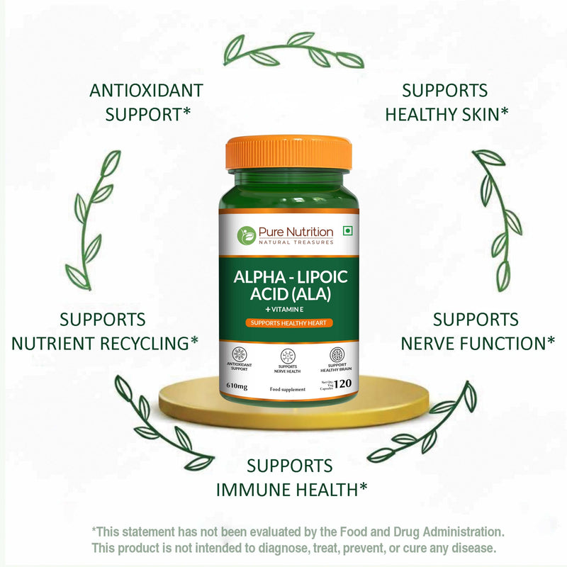 Pure Nutrition Alpha Lipoic Acid 600mg + Vitamin E | 120 Caps | Powerful Antioxidant to Support Nerve & Heart Health*. | Non-GMO