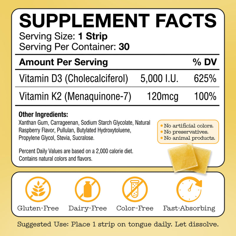 Vitamin D3 K2 Supplement 5000 IU - Fast-Absorbing Oral Strips for Bone & Heart Health - Vitamin D K2 Plant-Based Formula - D3K2 - High-Potency Vitamina D3 con K2- Non GMO - Sugar-Free (30 Count)