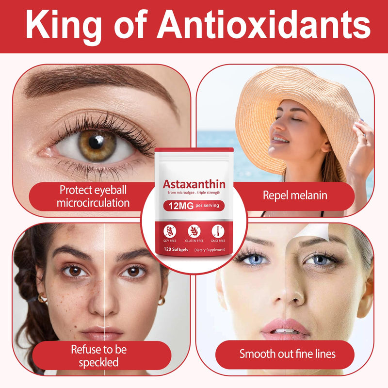 Astaxanthin Supplements, Astaxanthin 12mg, 120 Softgels Antioxidant Astaxantina Supplement for Eye, Skin, Joint & Immune Health, Supports Internal Circulation & Heart Health, Non-GMO & No Gluten