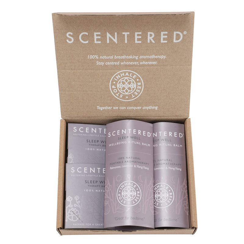 Scentered Sleep Well Aromatherapy Essential Oils Balm Saver Bundle - 2 x 5g Balms & 2 x Mini Travel Balms - for Restful Sleep - Natural Blend of Lavender, Chamomile, Ylang Ylang