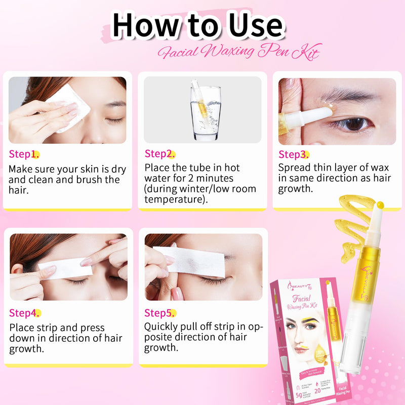 [Australia] - Beauty7 Wax Pen with Strips for Hair Removal Wax Removal of Eyebrows Face Facial Hair Removal Set with Wax Pen, Strips, Cleansing Oil after Waxing 